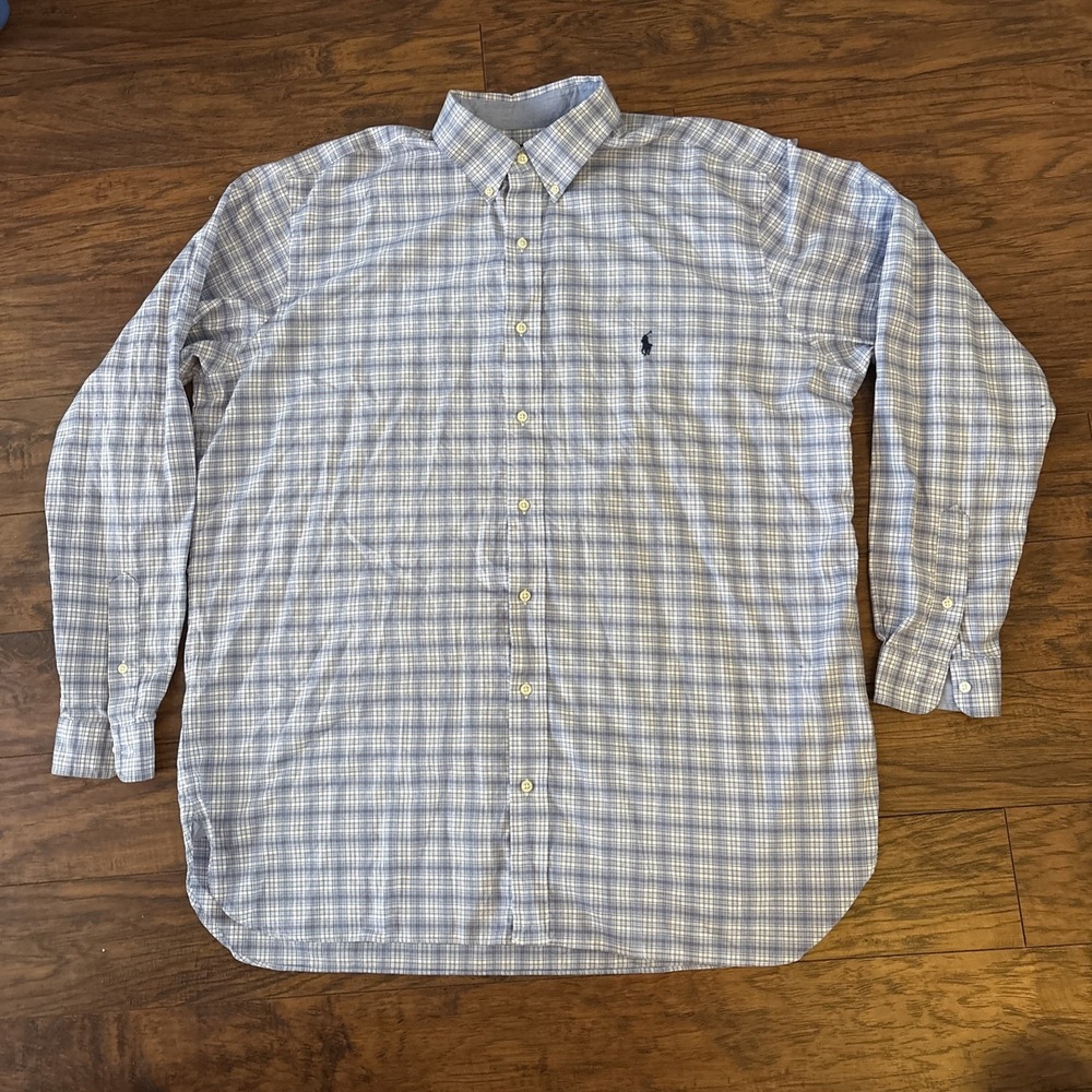 Ralph Lauren Shirt Mens XLT Blue White Plaid Yarmouth Button Down Cotton